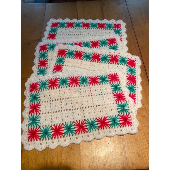 Handmade Crocheted Placemats Set Of 4 Rectangular 12"x18" White with Red & Green - Picture 1 of 9